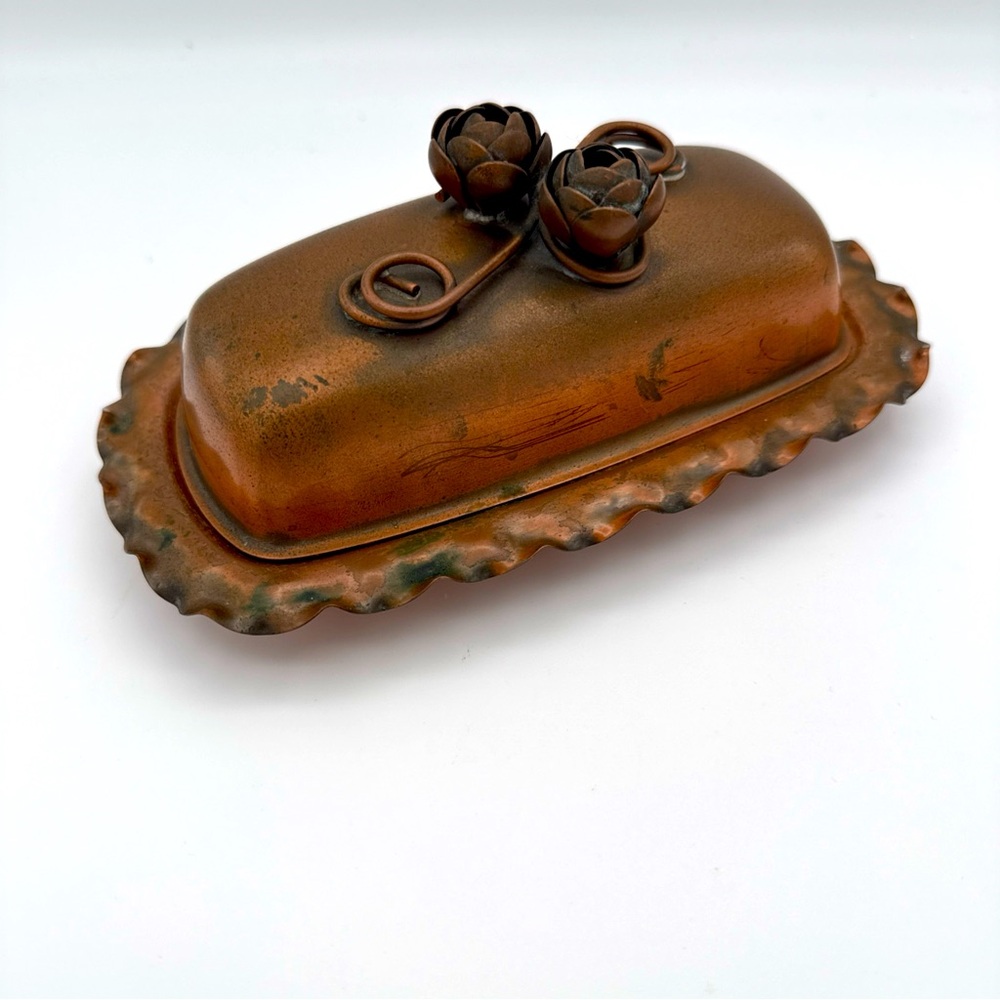 Vintage Gregorian Copper Butter Dish No Glass Liner Flowers Roses Patina